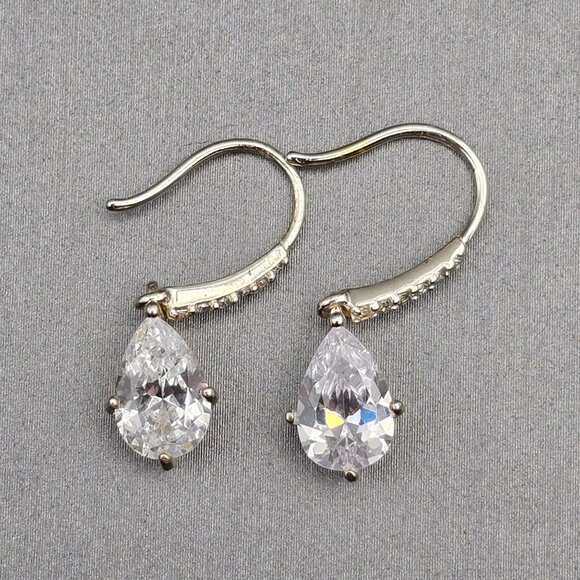 Teardrop Cubic Zirconia Drop Earrings Sterling Silver Hooks Pave Accents by CH - Picture 8 of 9